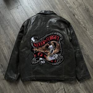 Vintage 90s Biker USA America POW Mar Marines Army Leather Biker Jacket